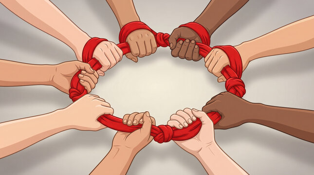 Diverse hands holding a red rope circle representing unity