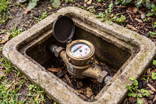 Water meter showing consumption measurement in outdoor utility box