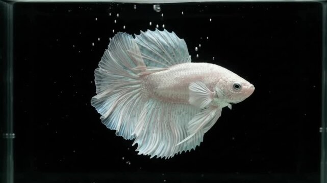 White and pale pink betta fish with flowing half moon tail swimming elegantly in aquarium with air bubbles against black background, close-up 4K footage of siamese fighting fish