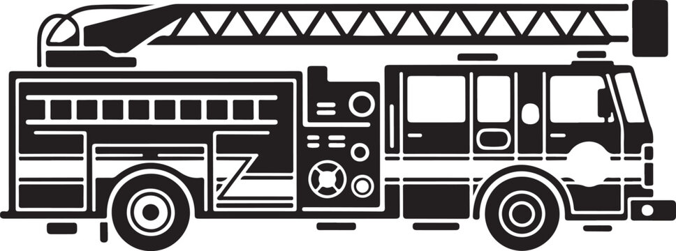 Fire truck silhouette with side mounted hose and storage compartments for emergency vehicle graphics.