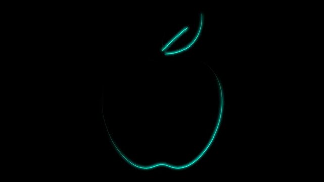 Glowing cyan neon apple fruit outline sign isolated on a dark black background with a vibrant light effect