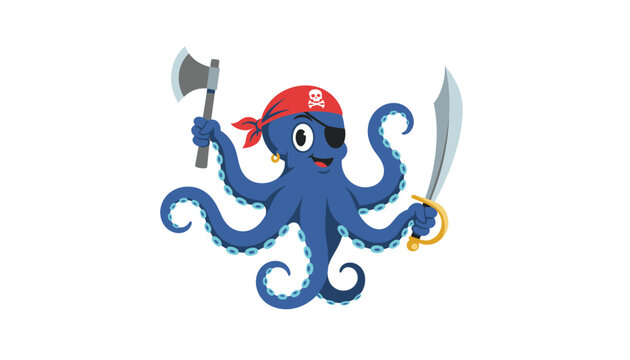 Cute blue octopus pirate mascot holding sword and axe with skull bandana and eyepatch on plain white background.