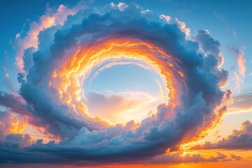 Fototapeta premium Majestic circular cloud formation glows with vibrant sunset colors in blue sky. Golden light shines through fluffy orange clouds forming huge ring shape. Dreamy atmospheric weather phenomenon looks