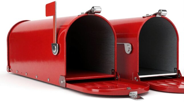 Two red metal mailboxes stand open on white background. Empty postboxes with silver hardware, red signal flags ready for mail delivery. Classic residential letter boxes for sending receiving letters,