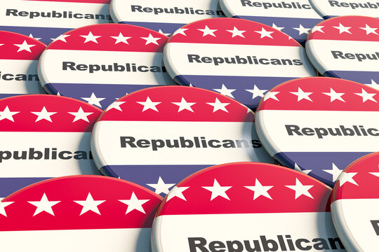 Republican party badges with stripes and stars of the United States, U.S. politics and government. Election campaigns, United States Congress, voting, political rally, U.S. elections.