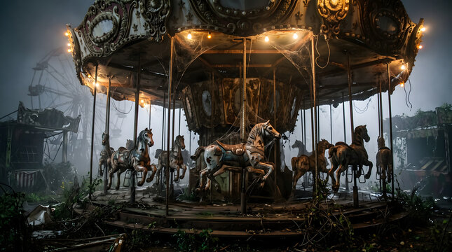 deserted vintage carousel merry go round with glowing lights and weathered wooden horses standing in spooky night fog within forgotten abandoned amusement park amidst wild overgrown weeds