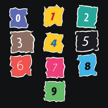 Set of ten numbers from zero to nine on torn paper scraps with a black background