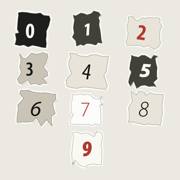Torn paper squares with numbers zero through nine in neutral tones on light background
