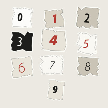 Textured paper scraps with numbers zero through nine in neutral and bold colors on light surface