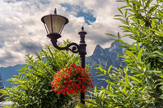 Decorative lamp with red flowers against the Bucegi Mountains near Cantacuzino Castle in Busteni Romania
