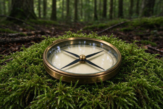 Brass compass on green moss in a forest, finding direction