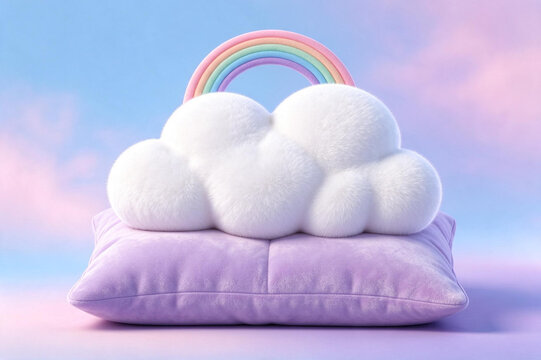 3D fluffy cloud on a pillow with a rainbow, comfort concept