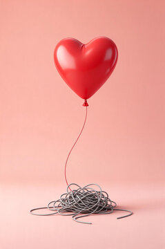 3D heart balloon floating free from tangled thread