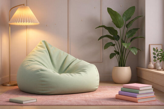 Cozy 3D reading nook with bean bag, lamp and books