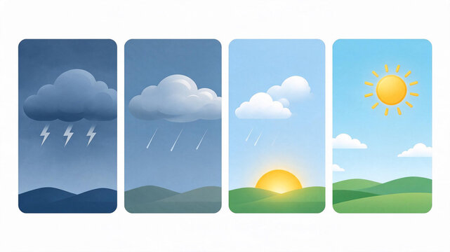 Flat vector storm cloud turning into sunshine, mood change