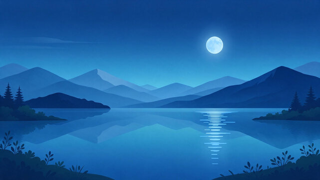 Minimal flat vector calm lake with mountains and a full moon