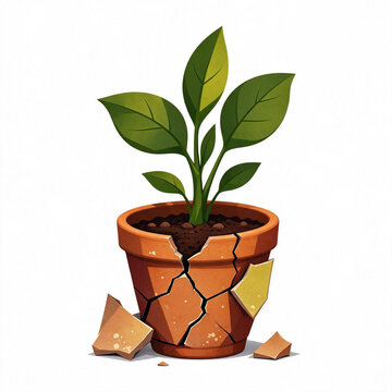 Flat vector plant growing out of a cracked pot, growth