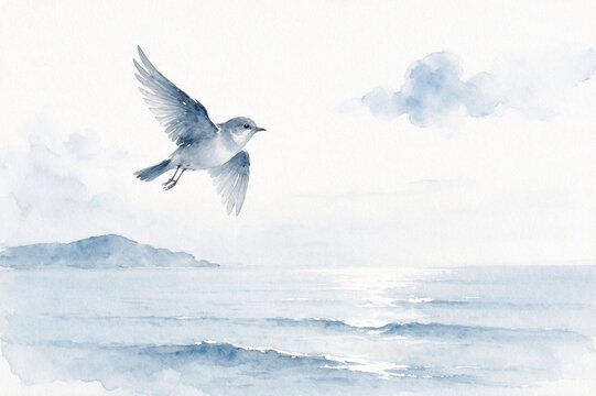 Watercolor small bird taking flight over a misty sea