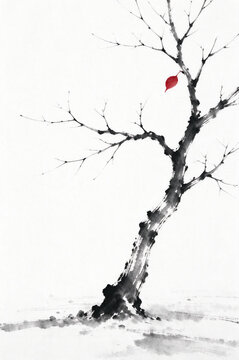 Ink wash bare tree with one red leaf, hope and melancholy