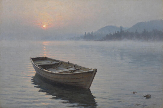 Oil painting of an empty rowboat on a misty lake at dawn