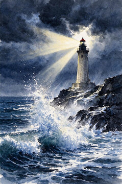 Watercolor lighthouse in a storm with crashing waves