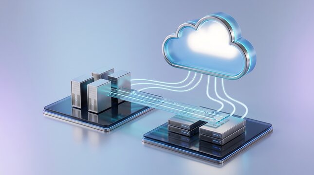 Abstract 3d visualization of cloud computing network architecture connecting server racks with glowing light conduits representing data flow and digital infrastructure storage solutions
