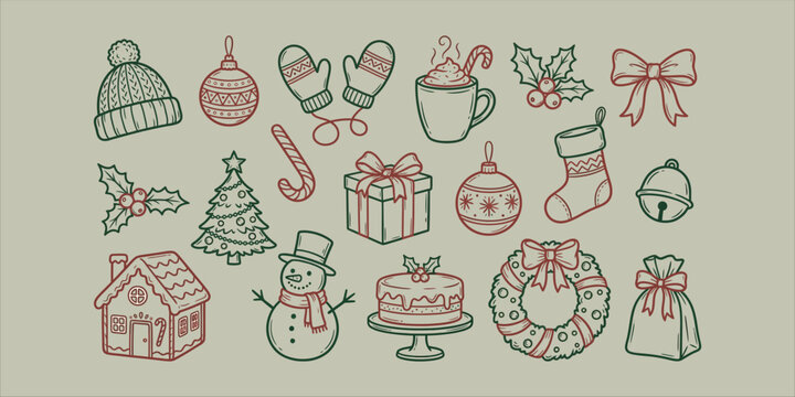 Collection of cute Christmas and holiday line icons featuring festive decorations winter clothing and gifts