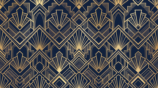 Vintage 1920s Gatsby inspired Art Deco pattern featuring ornate golden sunburst fans stepped chevron zigzags and elegant geometric line art on deep midnight navy blue background for luxury decor