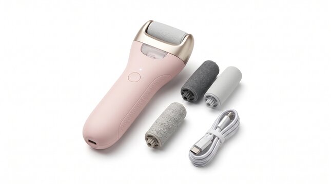 Electric foot file callus remover set, pink rechargeable pedicure machine, personal care device for smooth feet isolated PNG with Transparent Background