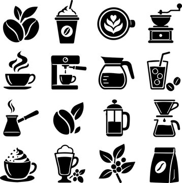 Coffee brewing and accessories icon set, hot espresso, mocha, coffee bag, and plant branches