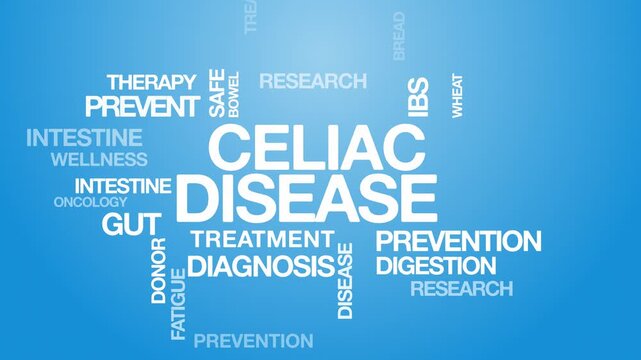 Celiac disease concept Animated Tag Word Cloud kinetic typography, Text Design Animation typography seamless loop video motion graphics Intro Wordart arrangement blue background bg backdrop campaign 