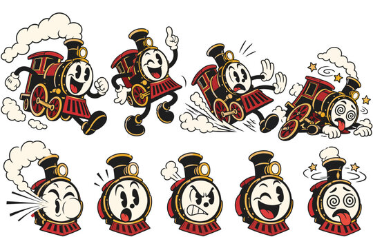 Vintage rubber hose cartoon train character set, retro steam locomotive mascot with various expressions, 1930s animation style vector