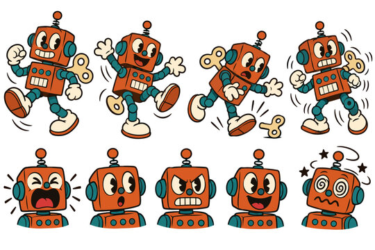 Retro cartoon robot character collection, vintage wind-up toy mascot set with 9 vector elements, 1930s rubber hose animation style robot icons