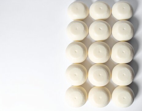 Fifteen round white rice cakes in neat rows on the right with large blank space on the left