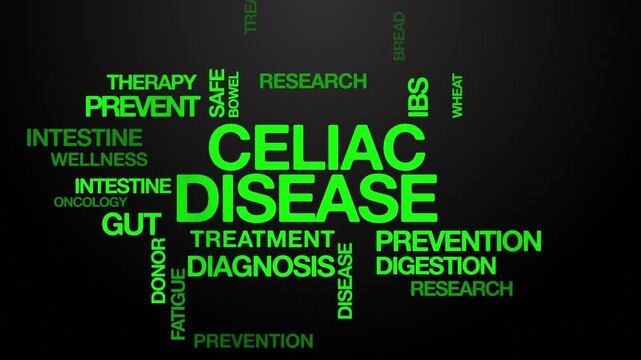 Celiac disease concept Animated Tag Word Cloud kinetic typography, Text Design Animation typography seamless loop video motion graphics Intro Wordart arrangement green type on black background bg back