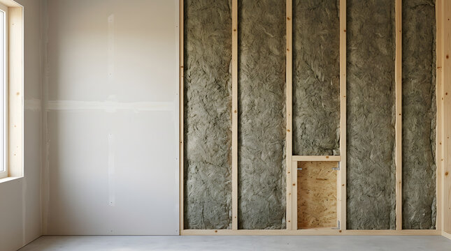 Interior view of a residential room under construction featuring exposed wooden wall studs and thermal insulation material