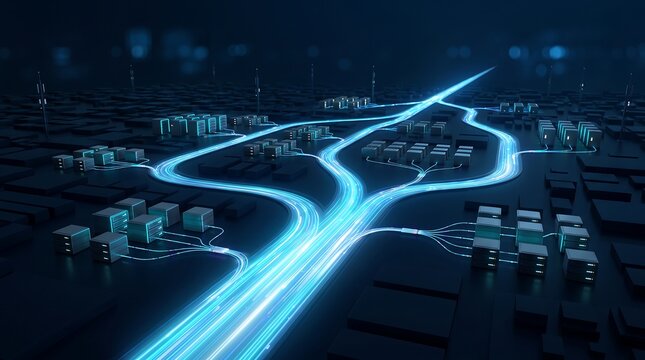Complex digital network connectivity with glowing blue data paths intersecting between multiple server clusters in dark high tech environment for global information transfer visualization
