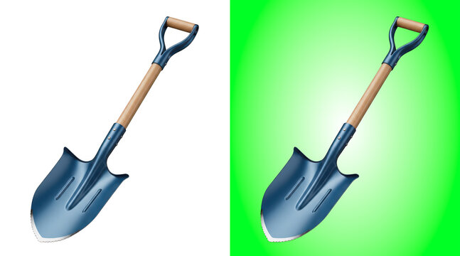 Two gardening shovels with wooden handles on green background