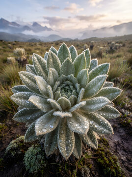 Dew-covered frailej&oacute;n plant blooming in a high-altitude Andean paramo landscape.
