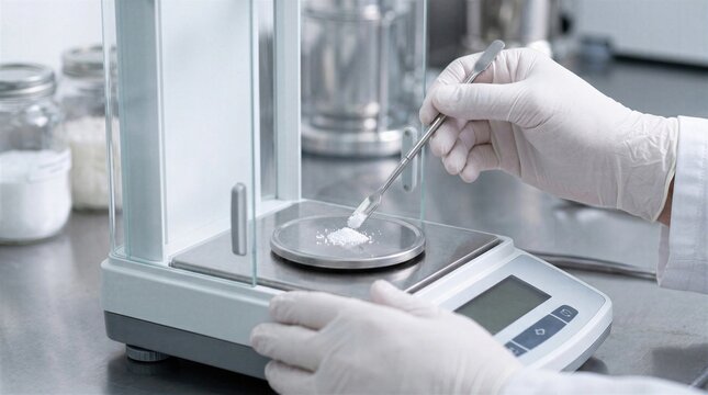 Technician performing precision micro-dosing of active pharmaceutical ingredients (API) on a laboratory scale. Professional compounding and quality assurance in pharmaceutical manufacturing.