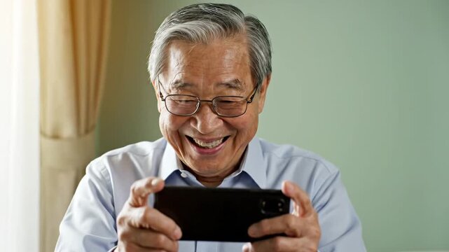 An elderly man joyfully interacts with his smartphone, his face lighting up with laughter and surprise as he watches content or plays a game in a brightly lit room.