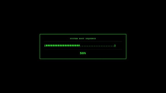 A green retro-style progress bar steadily fills on a black screen, indicating the completion of a system boot sequence from eleven to seventy-nine percent.