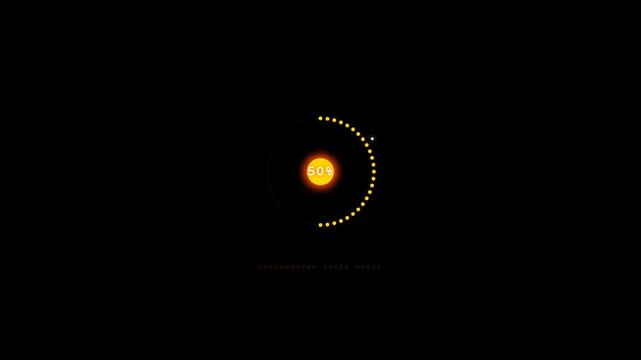 A futuristic digital loading screen shows a glowing orange solar core calibrating. An orbiting point tracks progress as a percentage increases against a sleek black background.