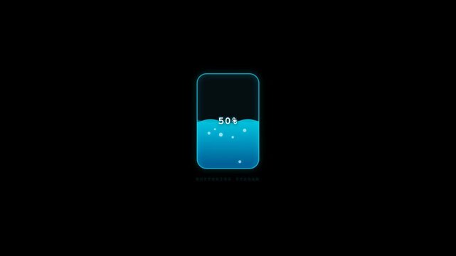 A digital loading bar animation shows a container filling with glowing blue liquid as a percentage counter increases from 11% to 79% against a black background.