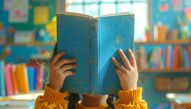 A Child Immersed in a Book: A young girl, obscured by the pages of an old, well-loved blue book, is engrossed in reading. Her hands hold the worn cover.