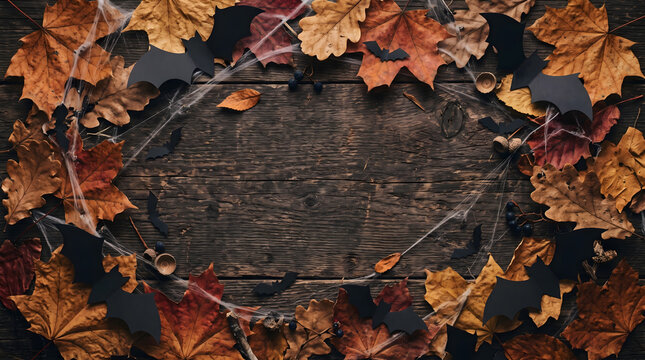 halloween autumn flat lay frame on rustic dark wood planks with dry fall leaves paper cut bats spiderwebs and acorns creating spooky festive seasonal composition with central copy space