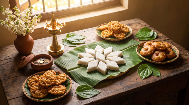 Traditional New Year table with milk rice, kavum, kokis and brass oil lamp on banana leaf