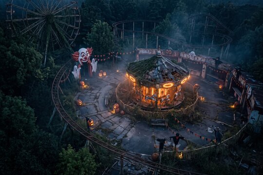 Eerie abandoned amusement park at night with glowing vintage carousel drone view, spooky halloween horror concept