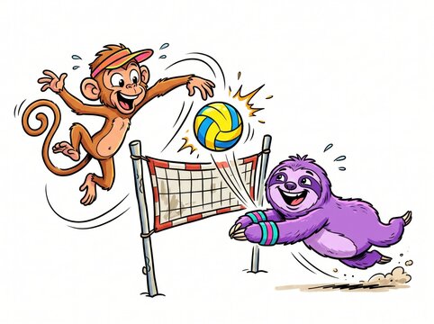 Playful cartoon monkey and sloth playing beach volleyball, a vibrant illustration of animal sports and summer fun, perfect for children's content and active lifestyle themes.