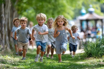 Fototapeta premium Group of children running in a park